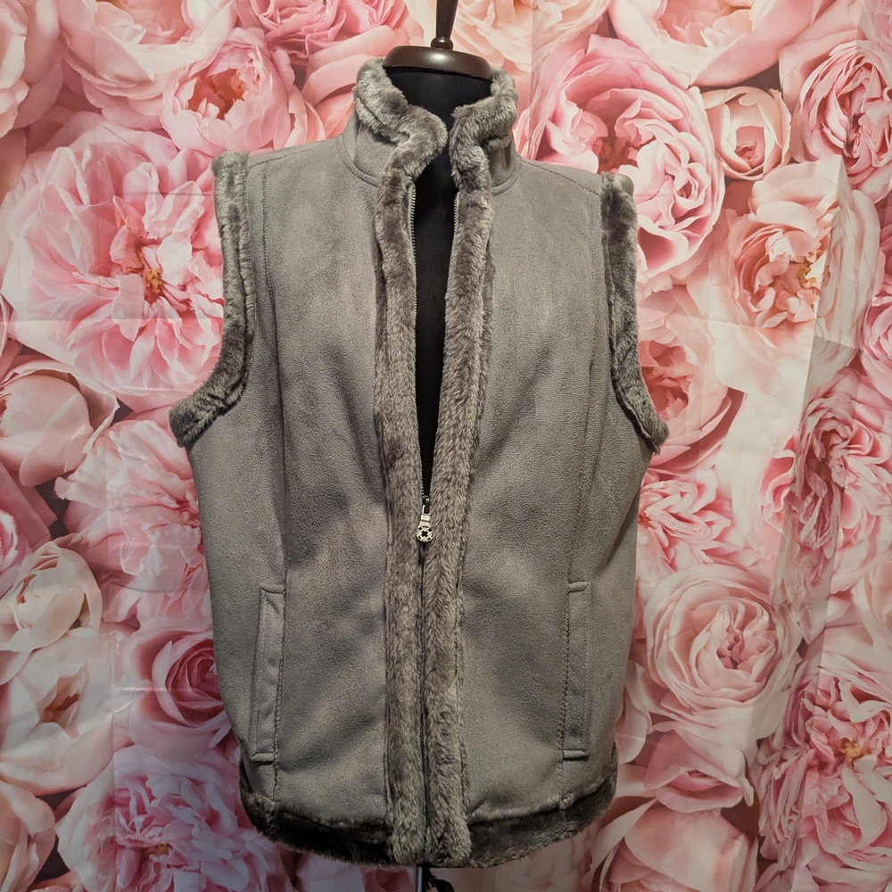 Jaclyn Smith Gray Vest with Faux Fur Trim